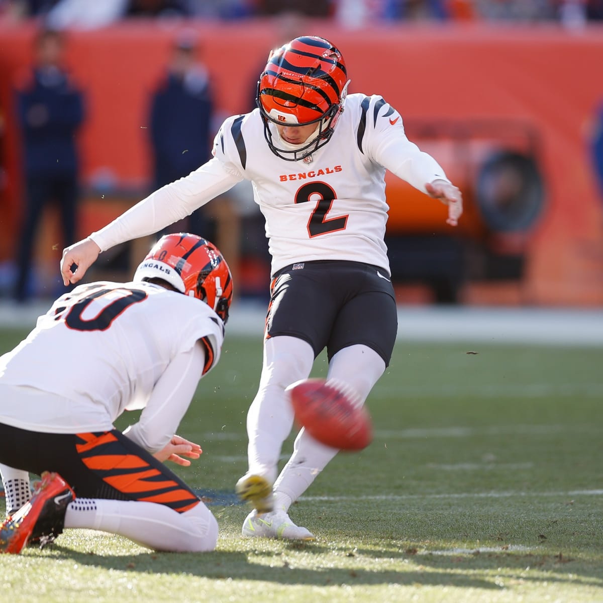 Cincinnati Bengals kicker Evan McPherson (2) runs off the field after an  NFL football game against the New York Jets, Sunday, Oct. 31, 2021, in East  Rutherford, N.J. (AP Photo/Adam Hunger Stock