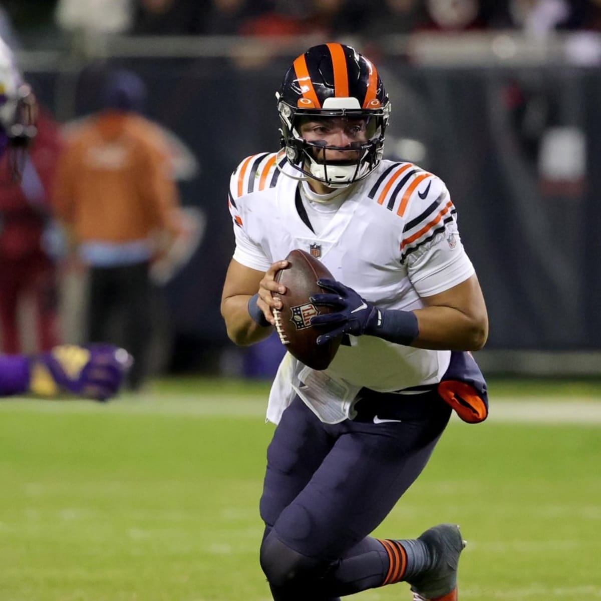 USA. 16th Aug, 2021. Chicago Bears quarterbacks Andy Dalton and Justin  Fields talk on the sideline in the fourth quarter against the Miami  Dolphins in the preseason opener at Soldier Field on