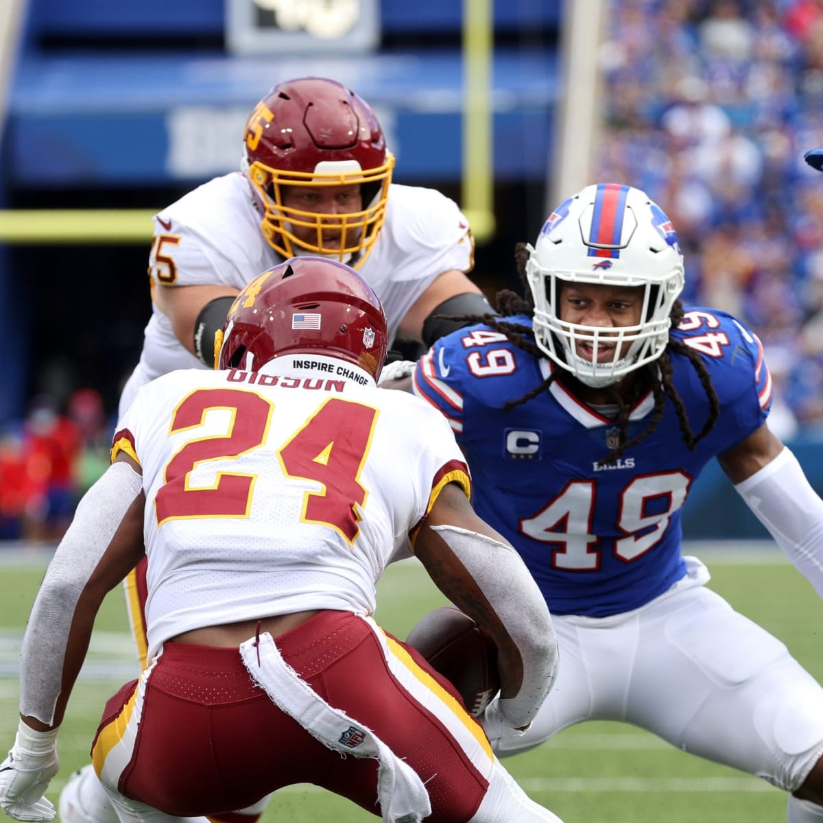 Buffalo Bills middle linebacker Tremaine Edmunds (49) reacts while walking  off the field after an NFL football game against the Arizona Cardinals,  Sunday, Nov. 15, 2020, in Glendale, Ariz. (AP Photo/Jennifer Stewart