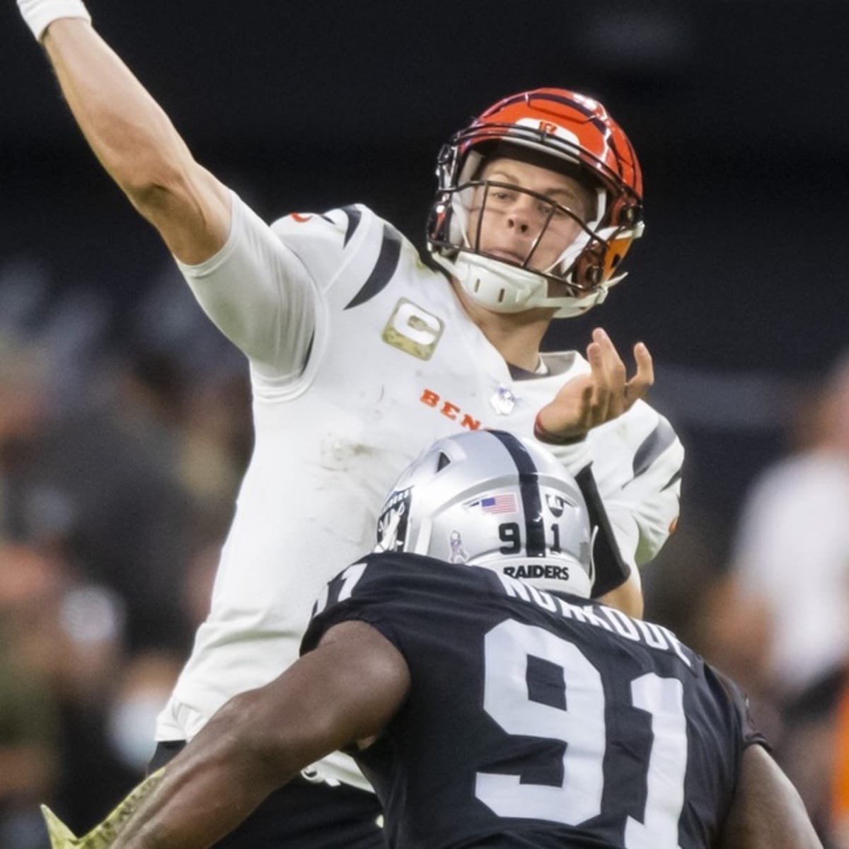 Cincinnati Bengals tackle Isaiah Prince (71) rushes into the