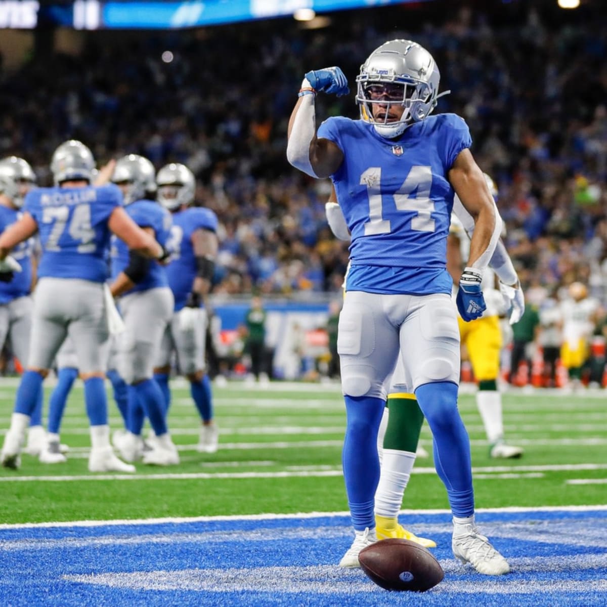 Detroit Lions wide receiver Amon-Ra St. Brown (14) runs a route on offense  against the Seattle Seahawks during an NFL football game at Ford Field in  Detroit, Sunday, Sept. 17, 2023. (AP