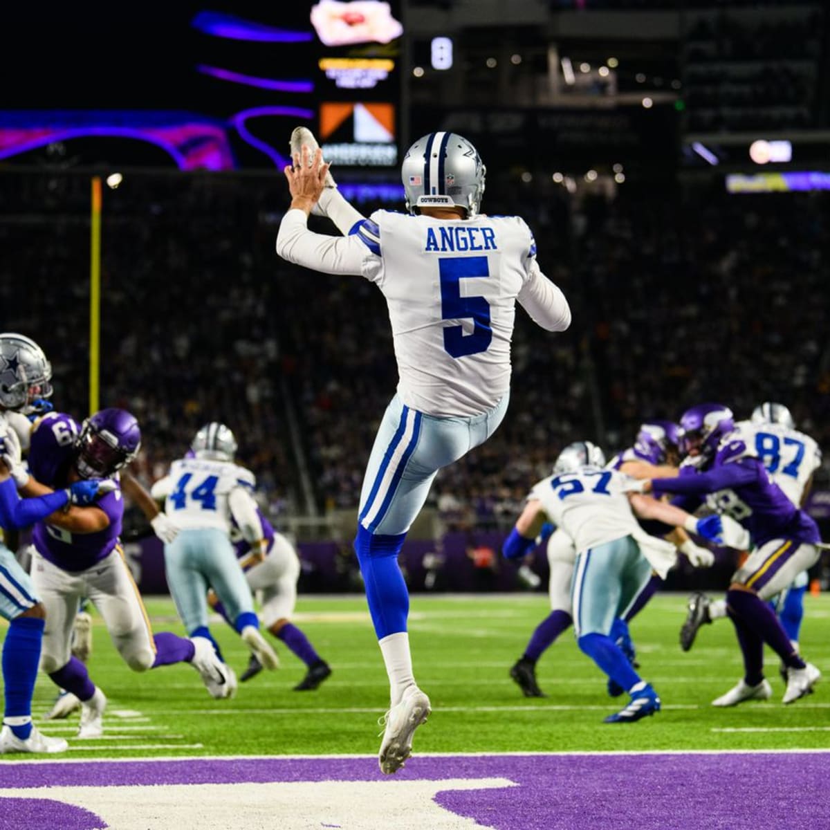 Dallas Cowboys punter Bryan Anger kicks a punt in the second half of an NFL  football game against the Washington Commanders, Sunday, Jan. 8, 2023, in  Landover, Md. (AP Photo/Patrick Semansky Stock