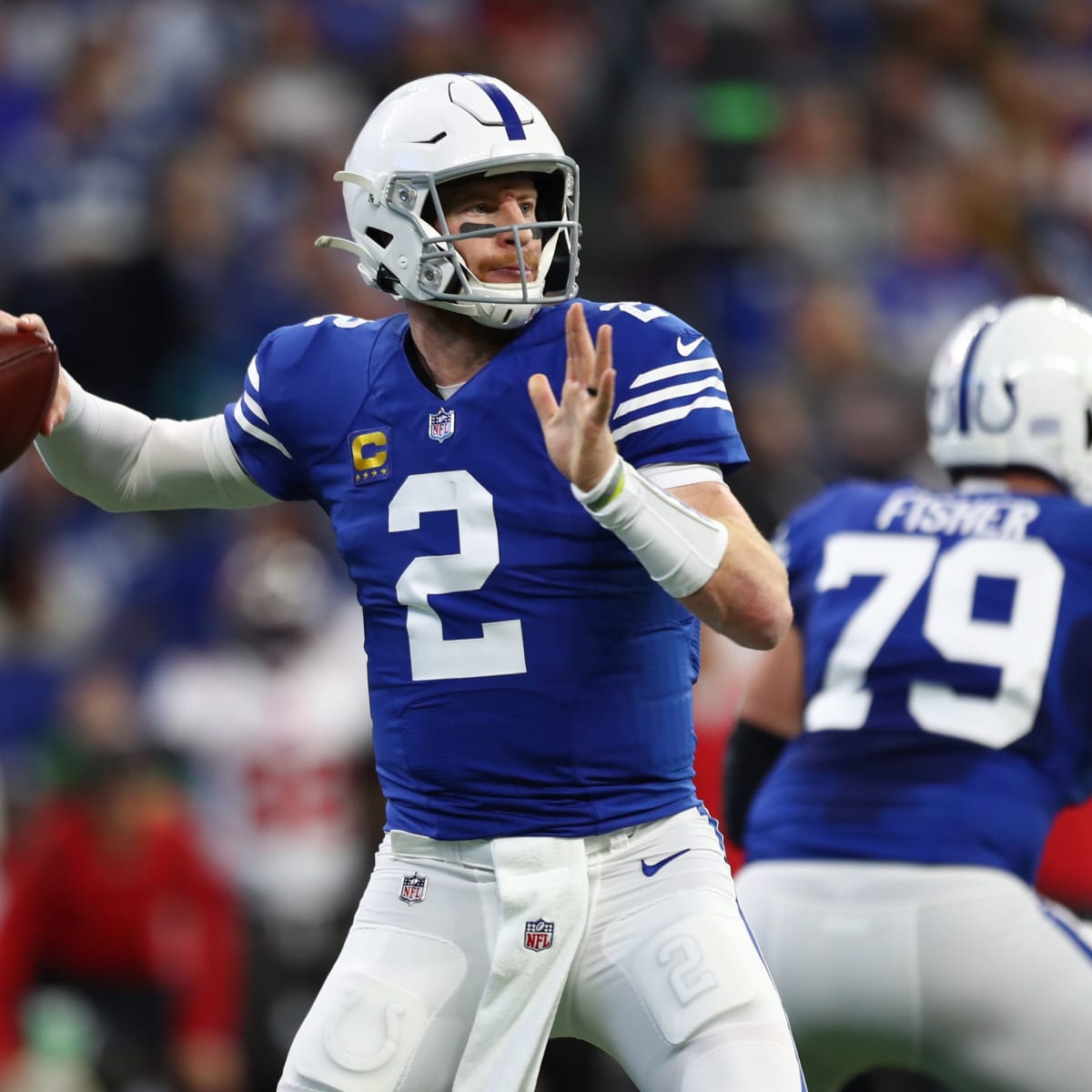 November 28, 2021: Indianapolis Colts quarterback Carson Wentz (2) passes  the ball during NFL football game action between the Tampa Bay Buccaneers  and the Indianapolis Colts at Lucas Oil Stadium in Indianapolis