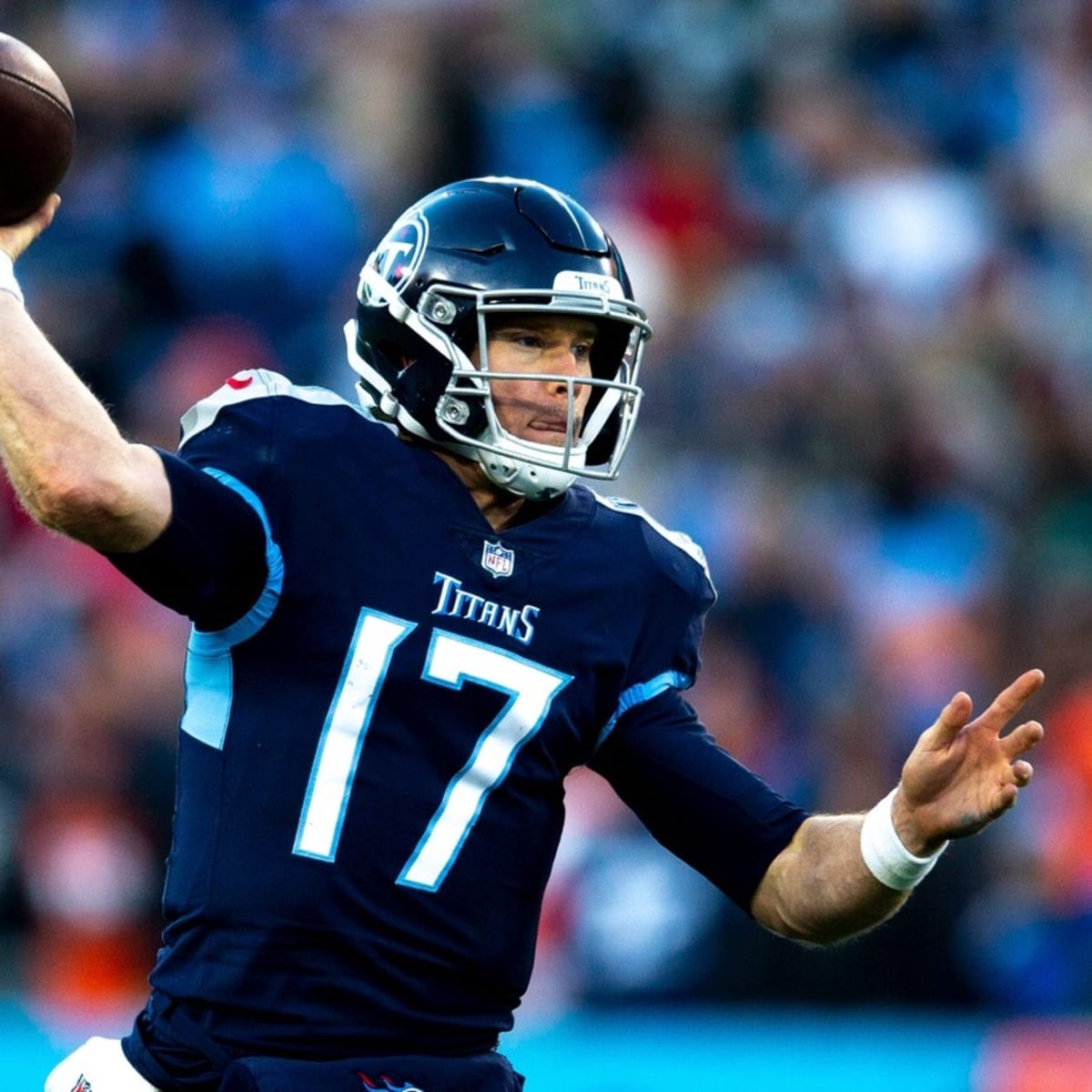 Nashville, United States. 22nd Jan, 2022. Tennessee Titans quarterback Ryan  Tannehill (17) throws against the Cincinnati Bengals during the first half  of an NFL Divisional Playoff game at Nissan Stadium in Nashville