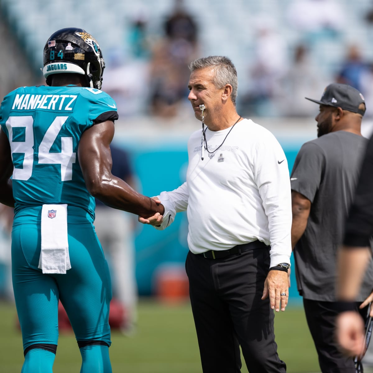 Jacksonville Jaguars tight end Chris Manhertz (84) walks off the