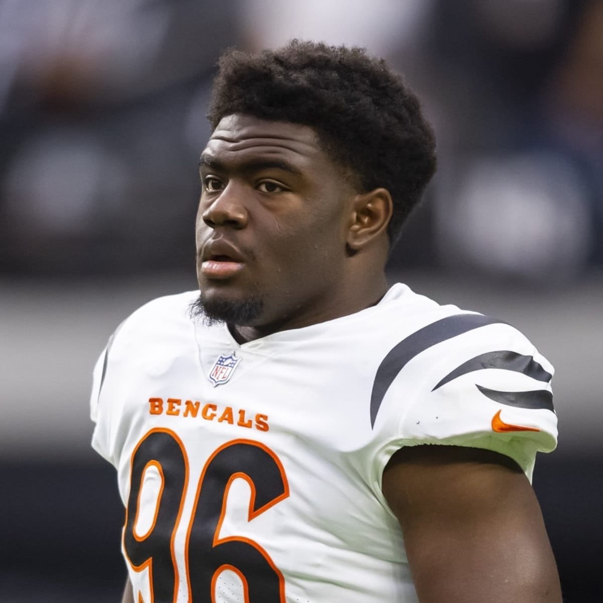 Cincinnati Bengals defensive end Cam Sample (96) in action during the first  half of a NFL football game against the Baltimore Ravens, Sunday, Oct. 9,  2022, in Baltimore. (AP Photo/Terrance Williams Stock