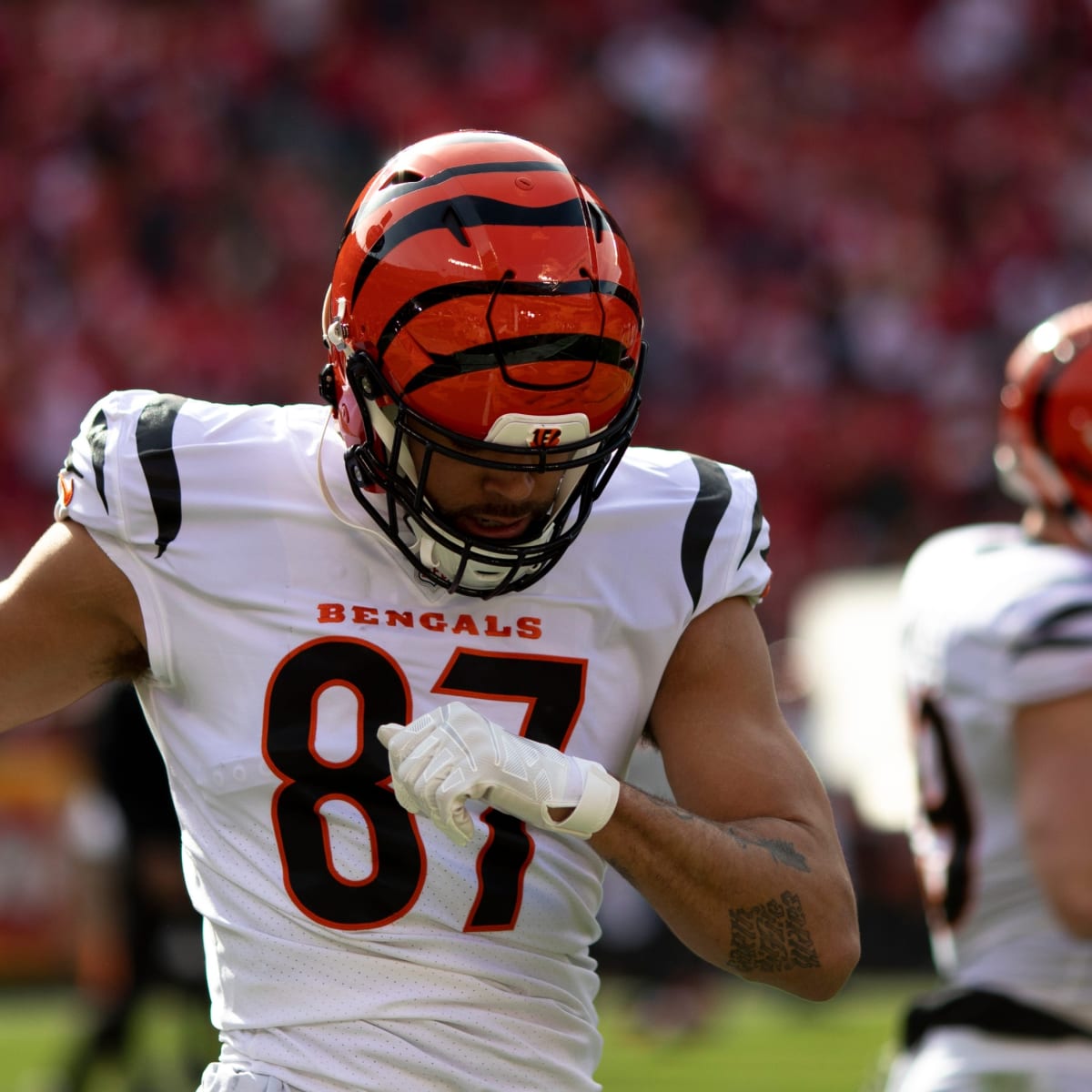 C.J. Uzomah leaves Cincinnati Bengals practice on a cart