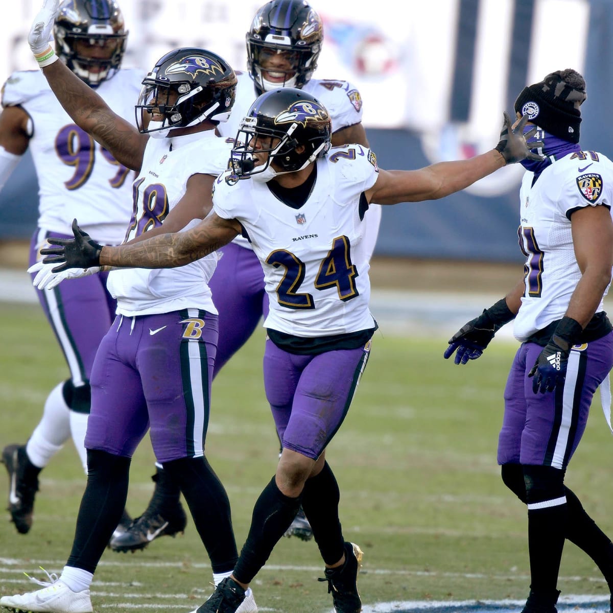 Baltimore Ravens cornerback Marcus Peters (24) looks on during pre-game  warm-ups before an NFL football game against the Carolina Panthers, Sunday,  Nov. 20, 2022, in Baltimore. (AP Photo/Terrance Williams Stock Photo 