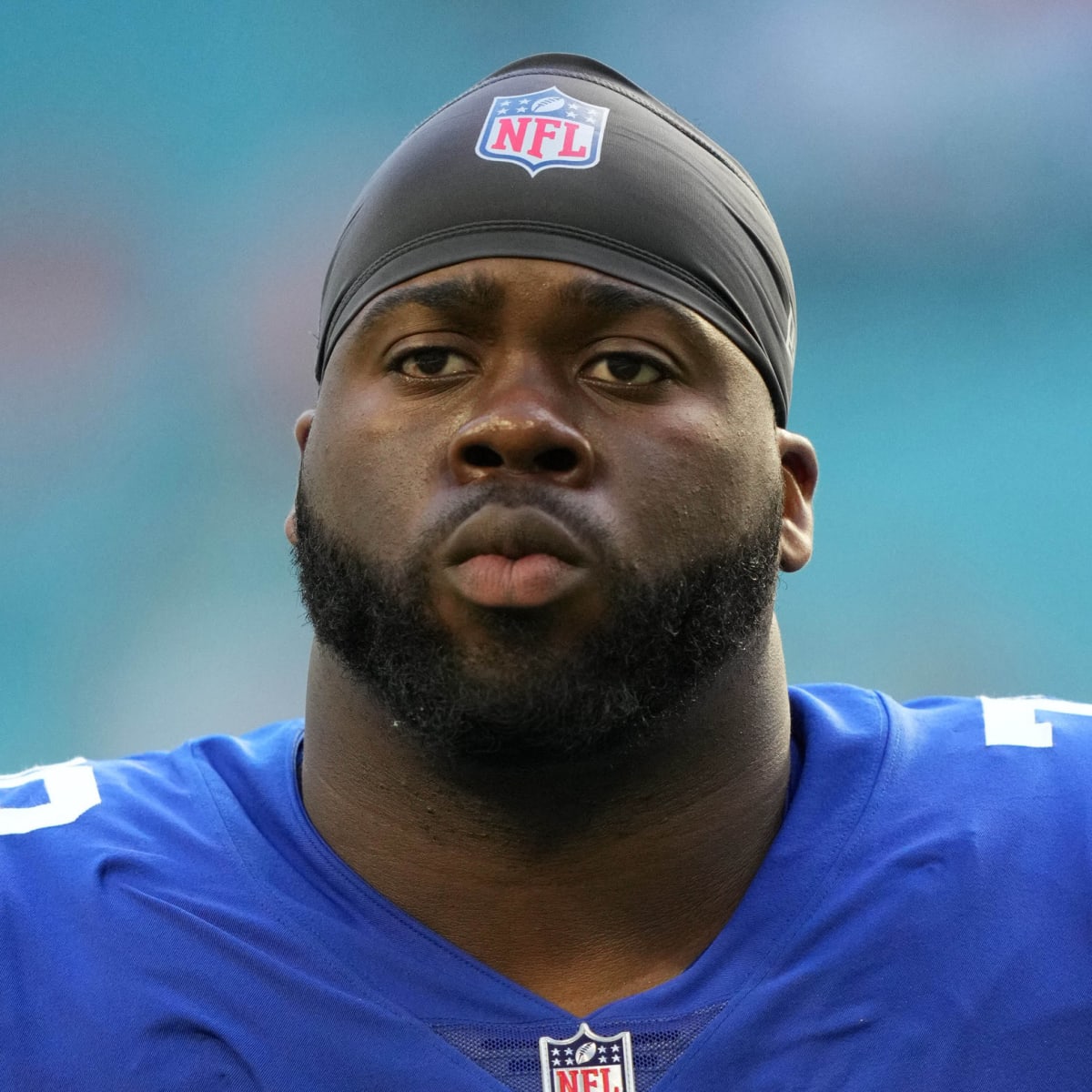 New York Giants offensive tackle Korey Cunningham (70) is seen before an  NFL football game against the Dallas Cowboys, Thursday, Nov. 24, 2022, in  Arlington, Texas. Dallas won 28-20. (AP Photo/Brandon Wade