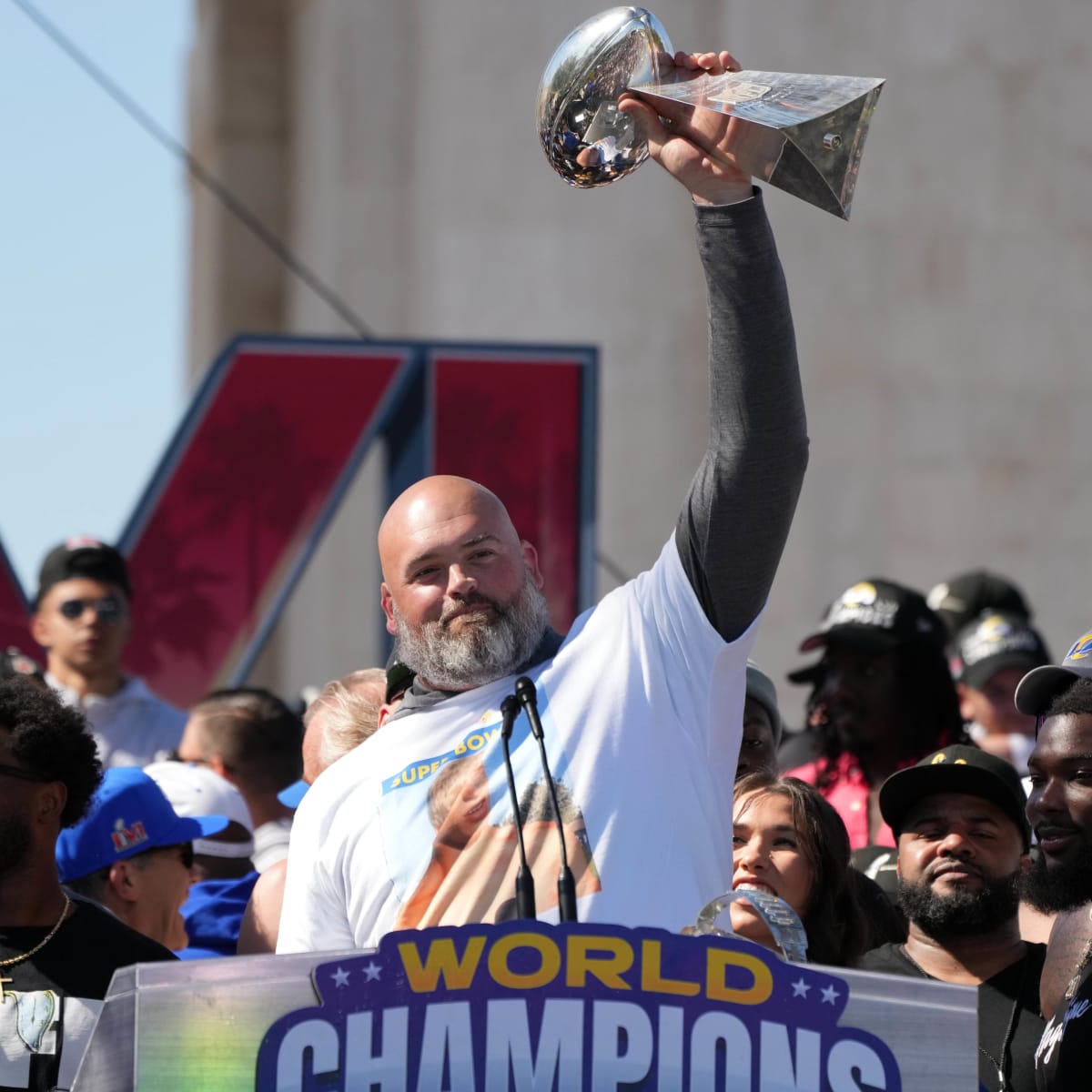 Los Angeles Rams offensive tackle Andrew Whitworth (77) celebrates after  winning the NFL Super Bowl 56 football game against the Cincinnati Bengals,  Sunday, Feb. 13, 2022 in Inglewood, CA. (AP Photo/Tyler Kaufman