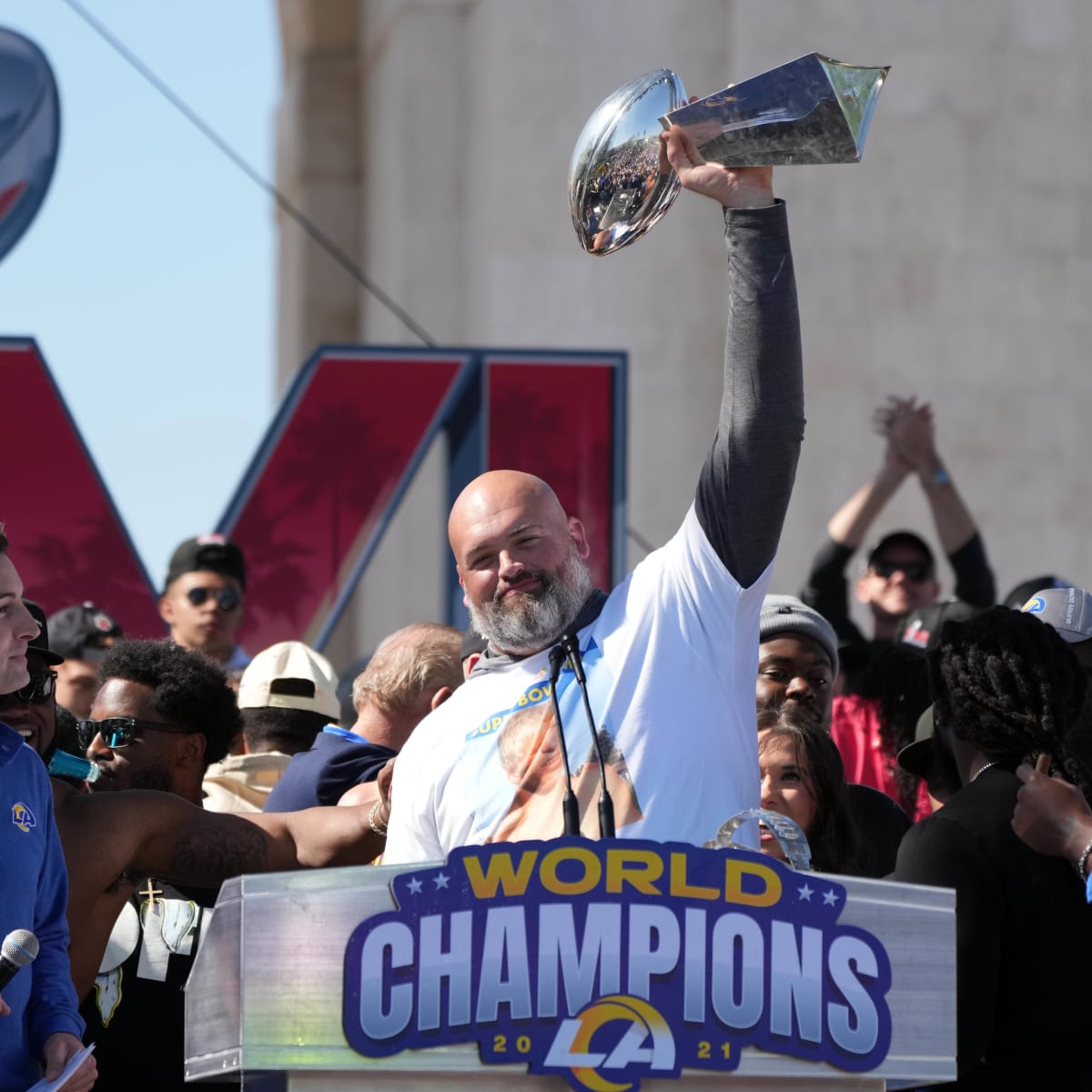 Los Angeles Rams offensive tackle Andrew Whitworth (77) celebrates after  winning the NFL Super Bowl 56 football game against the Cincinnati Bengals,  Sunday, Feb. 13, 2022 in Inglewood, CA. (AP Photo/Tyler Kaufman