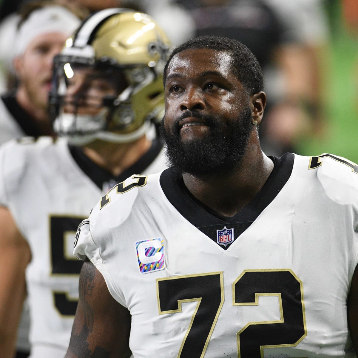 East Rutherford, New Jersey, USA. 1st Oct, 2018. New Orleans Saints  offensive tackle Terron Armstead (72) during warm ups before a game between  the New Orlean Saints and the New York Giants