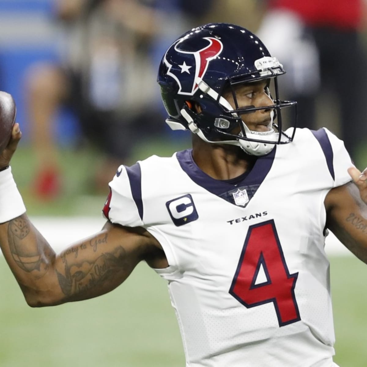 Houston Texans quarterback Deshaun Watson (4) passes in the first half of  an NFL football game against the New Orleans Saints in New Orleans, Monday,  Sept. 9, 2019. (AP Photo/Gerald Herbert Stock