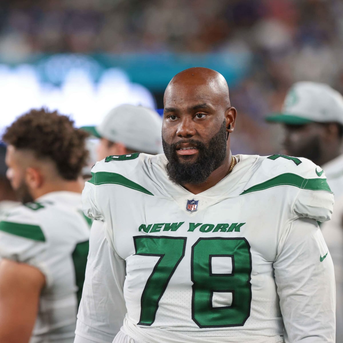 Baltimore Ravens tackle Morgan Moses (78) walks off the field at halftime  of an NFL football game against the New England Patriots, Sunday, Sep. 25,  2022, in Foxborough, Mass. (AP Photo/Stew Milne