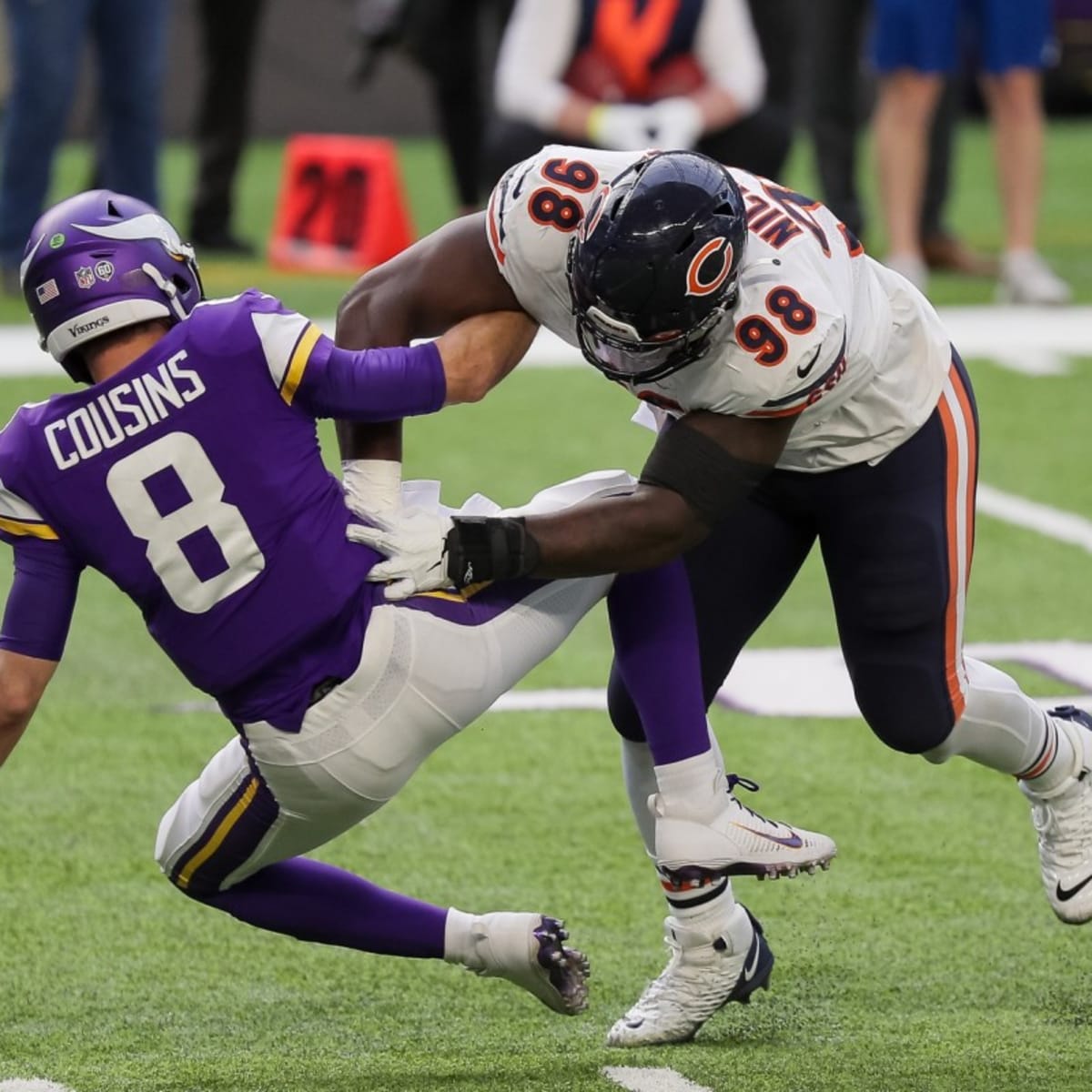 Chicago Bears defensive tackle Bilal Nichols (98) celebrates fumble  recovery during the first half of an NFL football game against the Detroit  Lions, Sunday, Oct. 3, 2021, in Chicago. (AP Photo/Kamil Krzaczynski