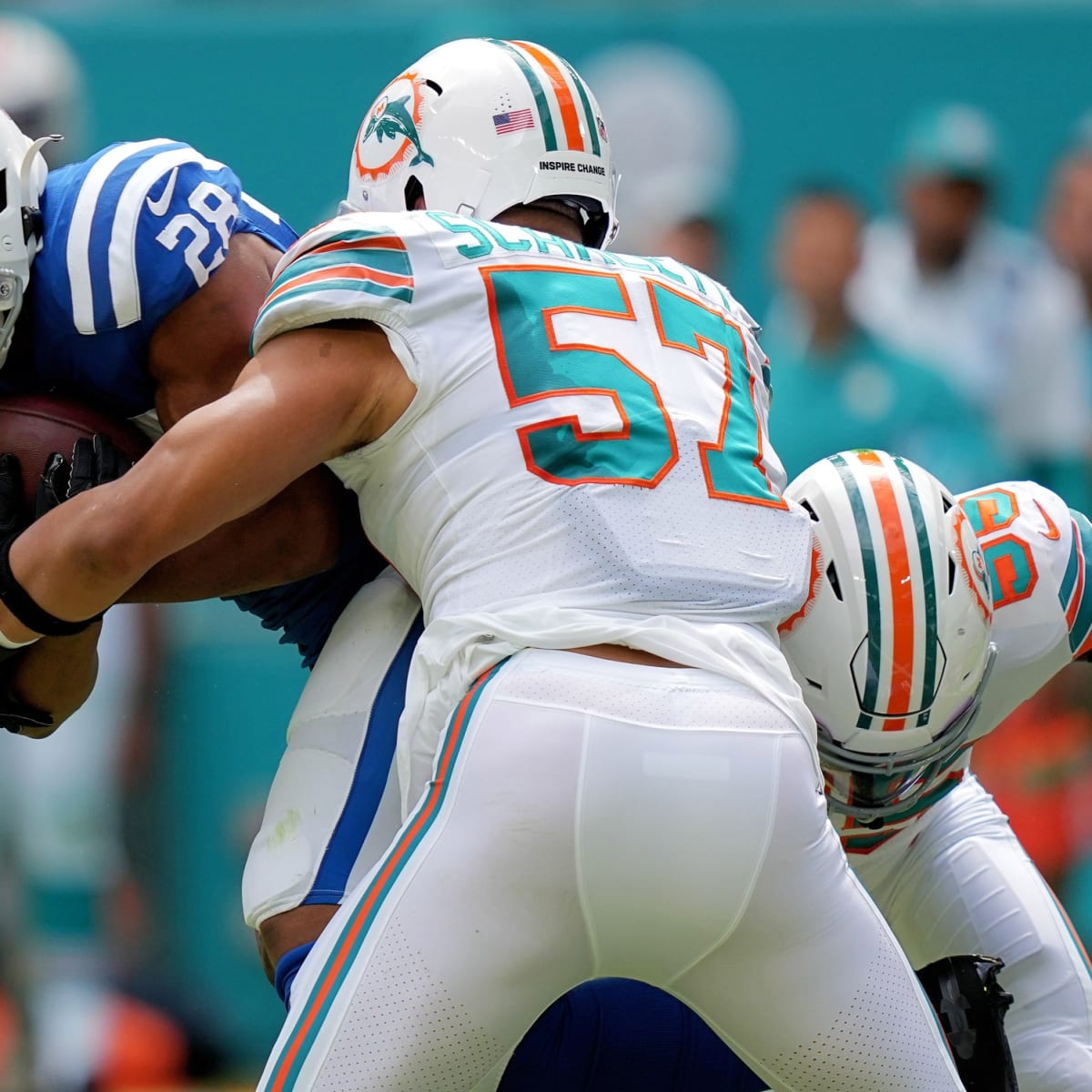 Miami Dolphins linebacker Brennan Scarlett (57) stands on the sidelines  during an NFL football game against the Baltimore Ravens, Thursday Nov. 11,  2021, in Miami Gardens, Fla. (AP Photo/Doug Murray Stock Photo - Alamy