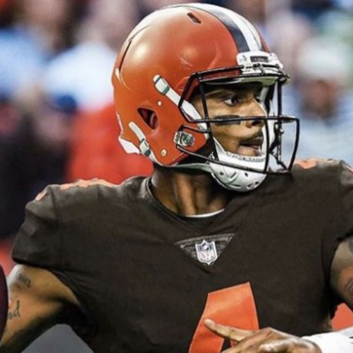 Deshaun Watson leaves Falcons jersey in background of Browns