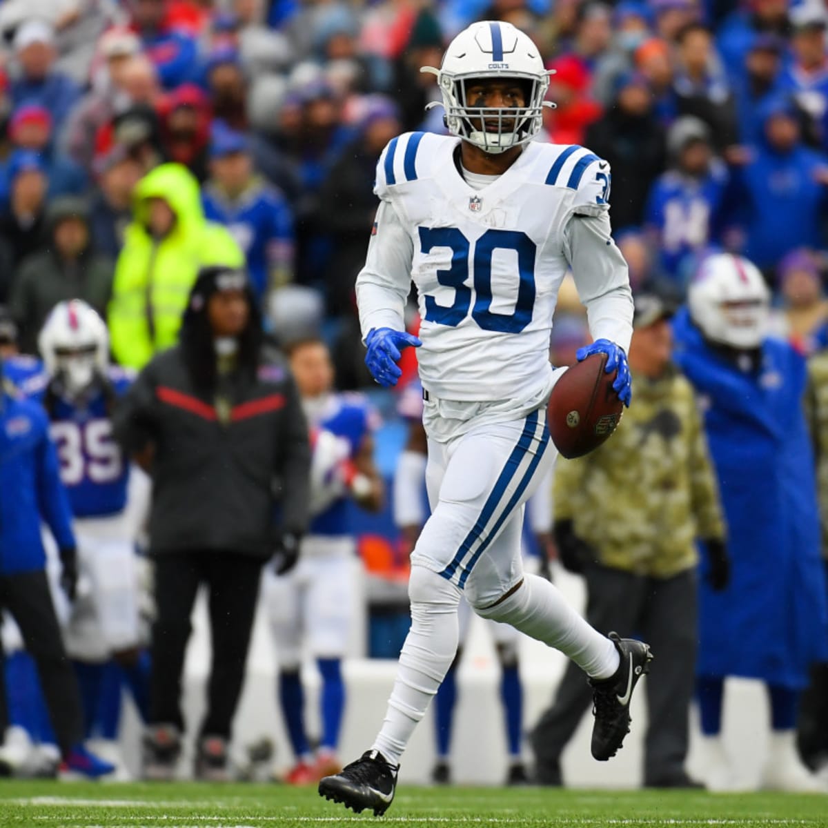 Indianapolis Colts safety George Odum (30) carries the ball during the  first half of an NFL football game against the Kansas City Chiefs in Kansas  City, Mo., Sunday, Oct. 6, 2019. (AP