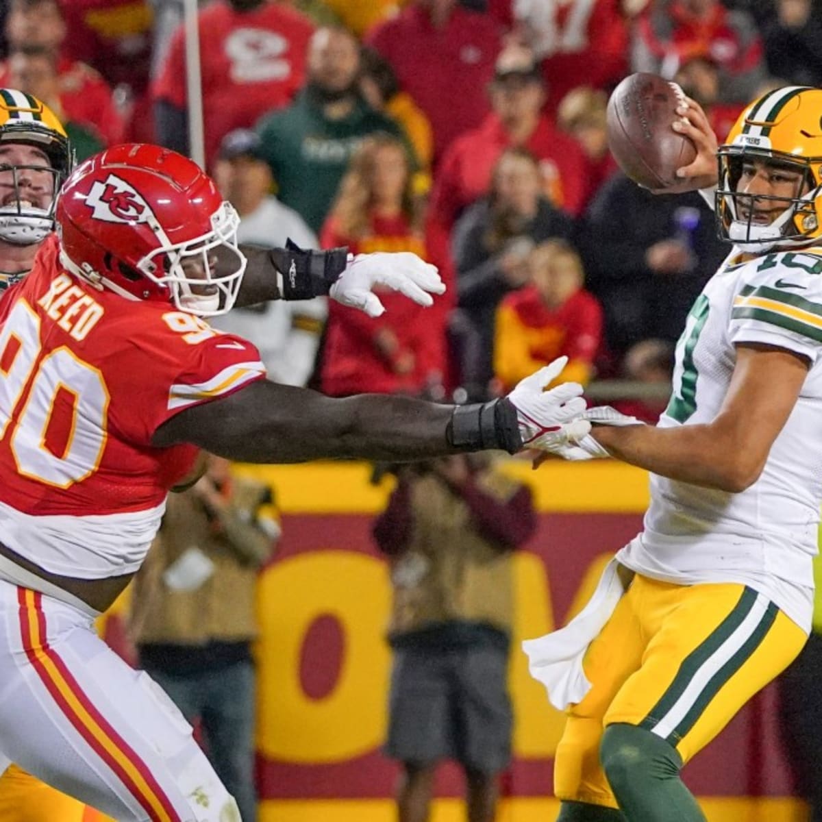 GREEN BAY, WI - DECEMBER 19: Green Bay Packers defensive tackle Jarran Reed  (90) celebrates during a game between the Green Bay Packers and the Los  Angeles Rams on December 19, 2022