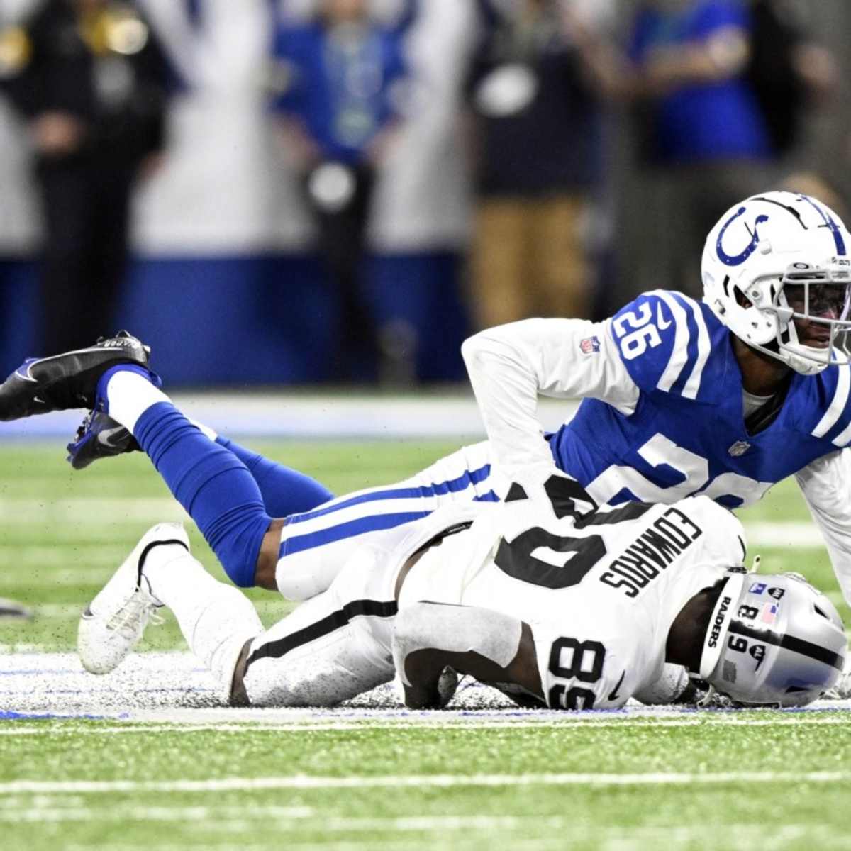 Las Vegas Raiders cornerback Rock Ya-Sin (26) leaves the field against the  Indianapolis Colts during the first half of an NFL football game, Sunday,  Nov 13, 2022, in Las Vegas. (AP Photo/Rick