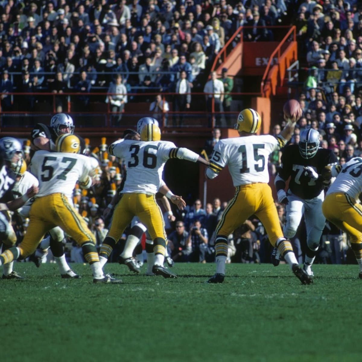 New York Jets QB Joe Namath on ground after being sacked vs Oakland