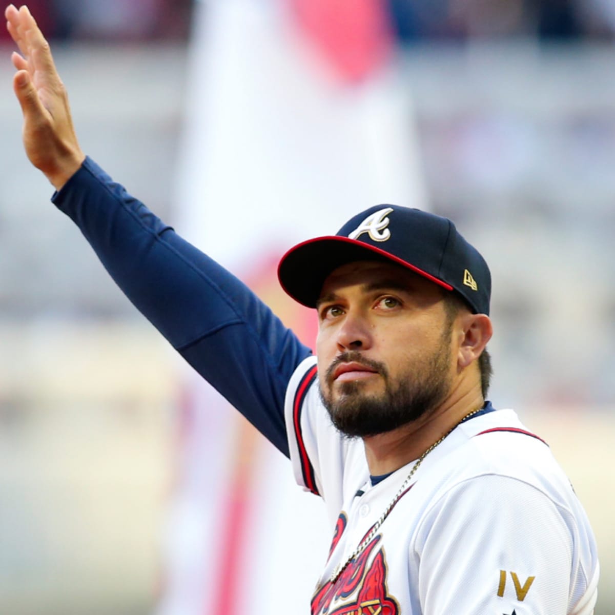Braves' Travis d'Arnaud jokingly reacts to being hit by pitch from