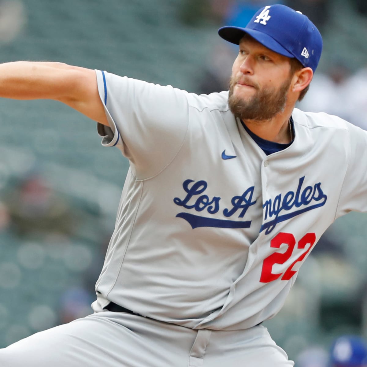 Los Angeles Dodgers starting pitcher Clayton Kershaw (22) reacts