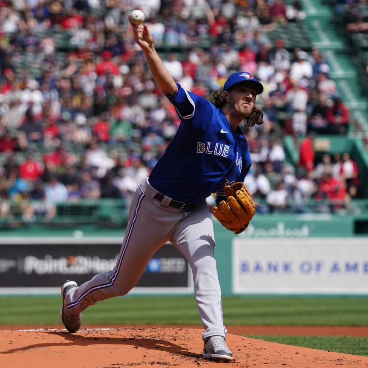 Gosuke Katoh of the Toronto Blue Jays in the dugout ahead of their