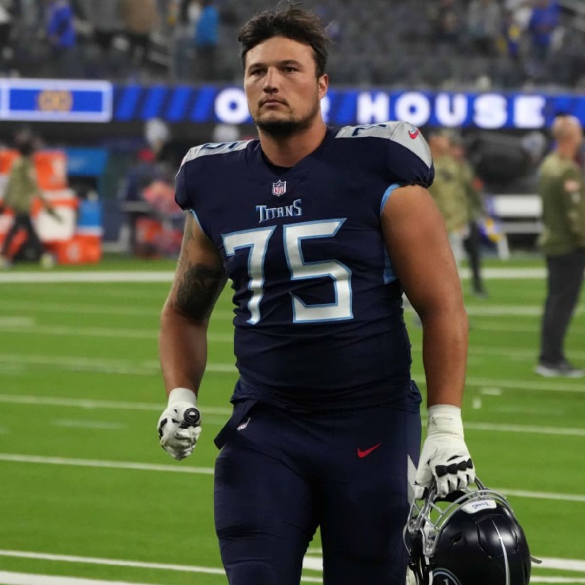 Tennessee Titans offensive tackle Nicholas Petit-Frere (78) looks to make a  block during an NFL football game against the Buffalo Bills, Monday, Sept.  19, 2022, in Orchard Park, N.Y. (AP Photo/Kirk Irwin