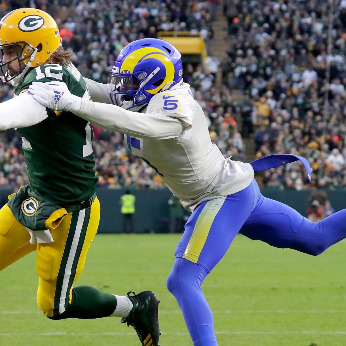 Los Angeles, United States. 24th Oct, 2021. Detroit Lions quarterback Jared  Goff (16) is tackled by Los Angeles Rams inside linebacker Kenny Young (41)  during an NFL game, Sunday, Oct. 24, 2021