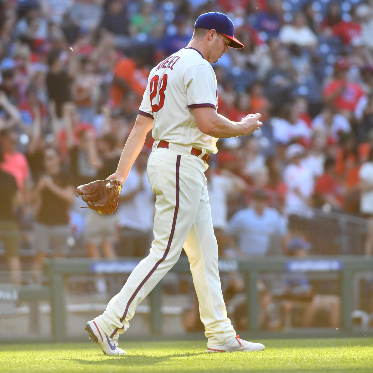 Philadelphia Phillies pitcher Corey Knebel 23 pitches during a MLB  baseball game against the Los Angeles