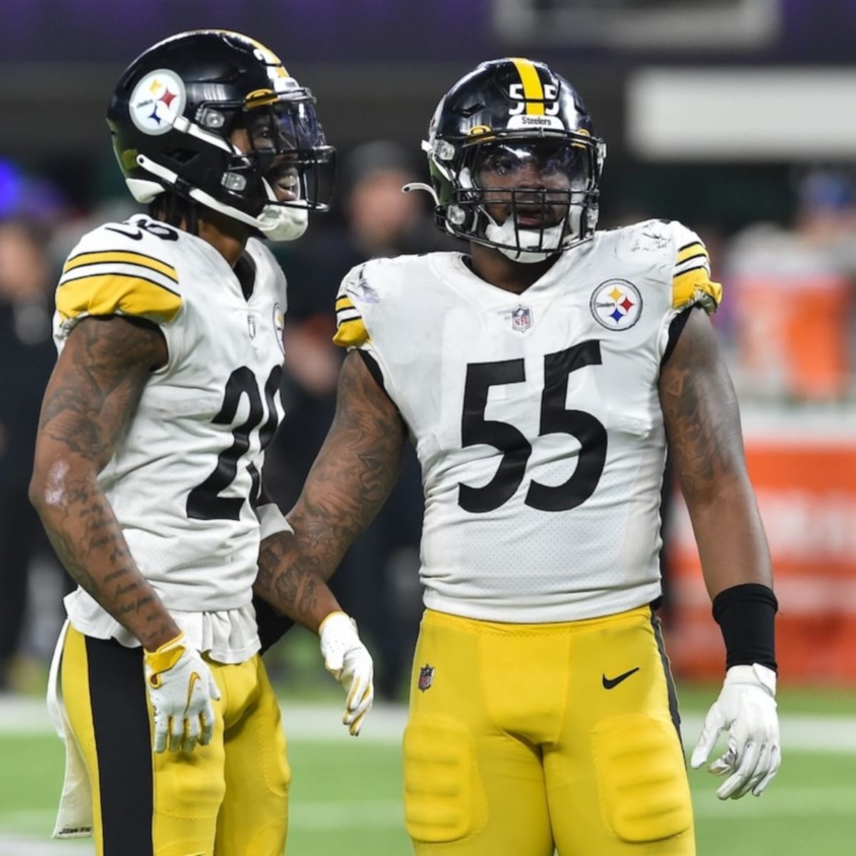 Pittsburgh Steelers linebacker Devin Bush (55) lines up for a play during  an NFL football game against the Cleveland Browns, Thursday, Sept. 22,  2022, in Cleveland. (AP Photo/Kirk Irwin Stock Photo - Alamy