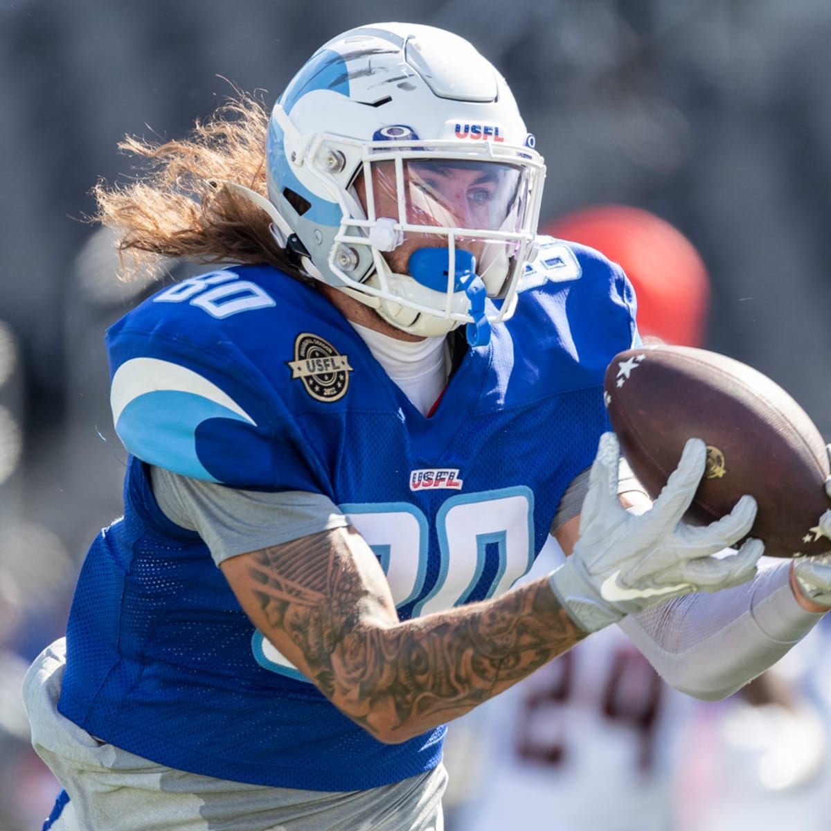 BIRMINGHAM, AL - MAY 15: Houston Gamblers quarterback Clayton Thorson (18)  passes the ball against the Pittsburgh Maulers during the USFL game on May  15, 2022 at Protective Stadium in Birmingham, Alabama. (