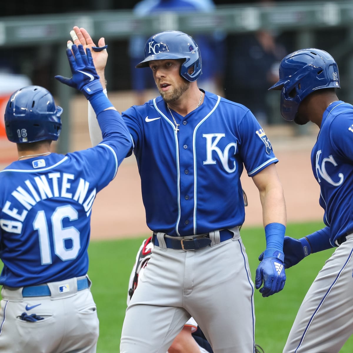 KANSAS CITY, MO - AUGUST 25: Kansas City Royals third baseman Hunter Dozier  (17) shows the back of his jersey during MLB Players weekend where players  put their nicknames on the back