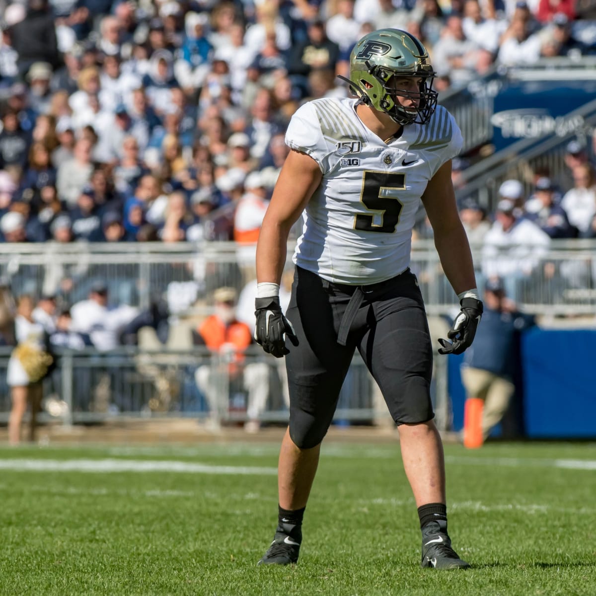 Purdue defensive end George Karlaftis at the NFL Red Carpet Stage on  Thursday, April 28, 2022, …