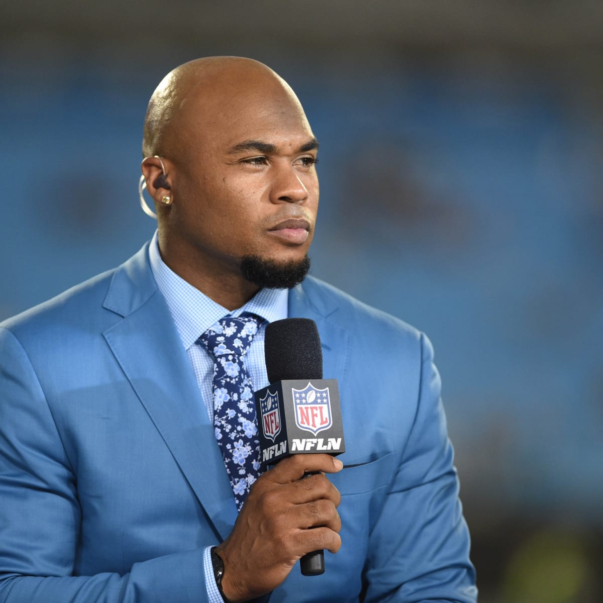 NFL Network analyst Steve Smith Sr. speaks on air during the NFL Network's  NFL GameDay Kickoff broadcast before the start of an NFL football game  between the Baltimore Ravens and the Miami