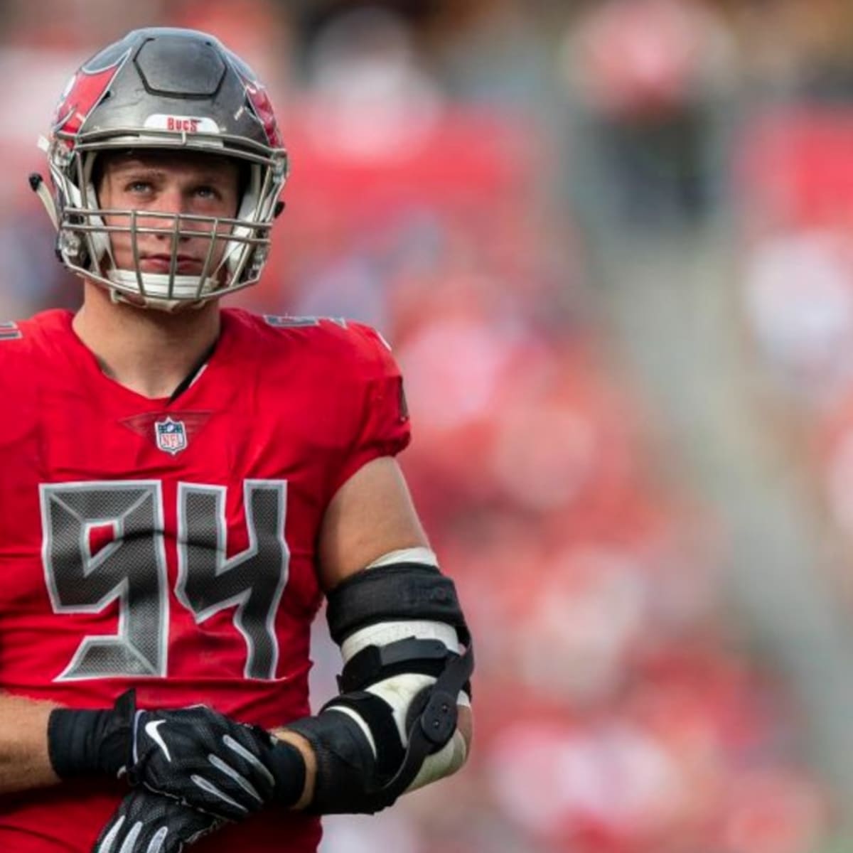 Tampa Bay Buccaneers linebacker Carl Nassib (94) reacts during the second  quarter of an NFL foo …