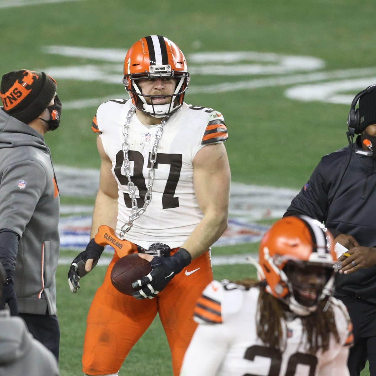 Cleveland Browns defensive end Romeo McKnight (57) runs off of the line of  scrimmage during an