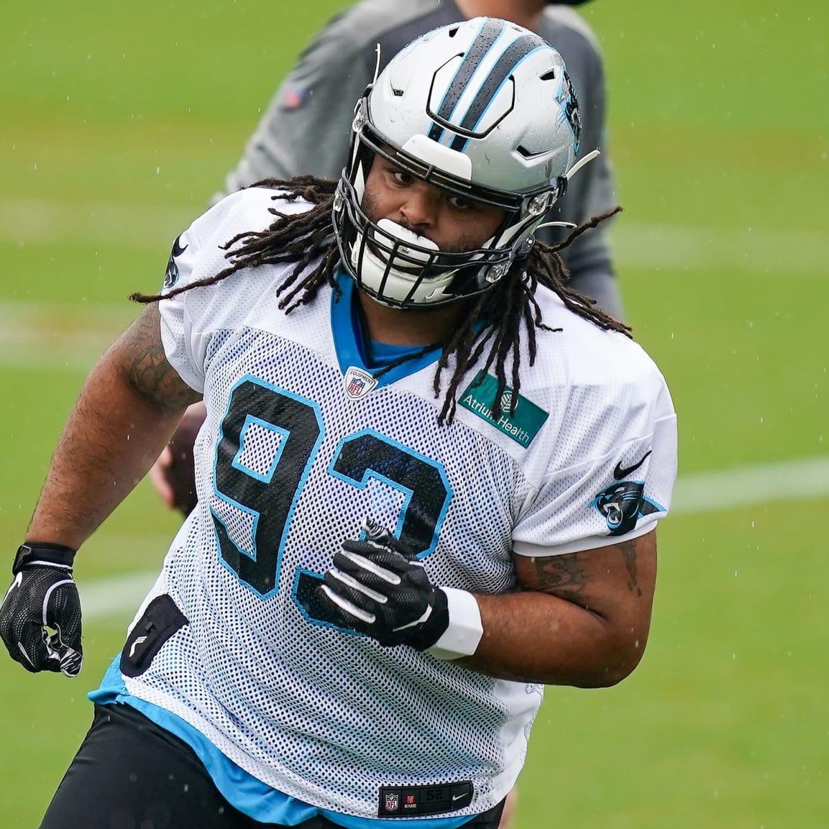 Carolina Panthers defensive tackle Bravvion Roy (93) reacts during the  first half of an NFL football