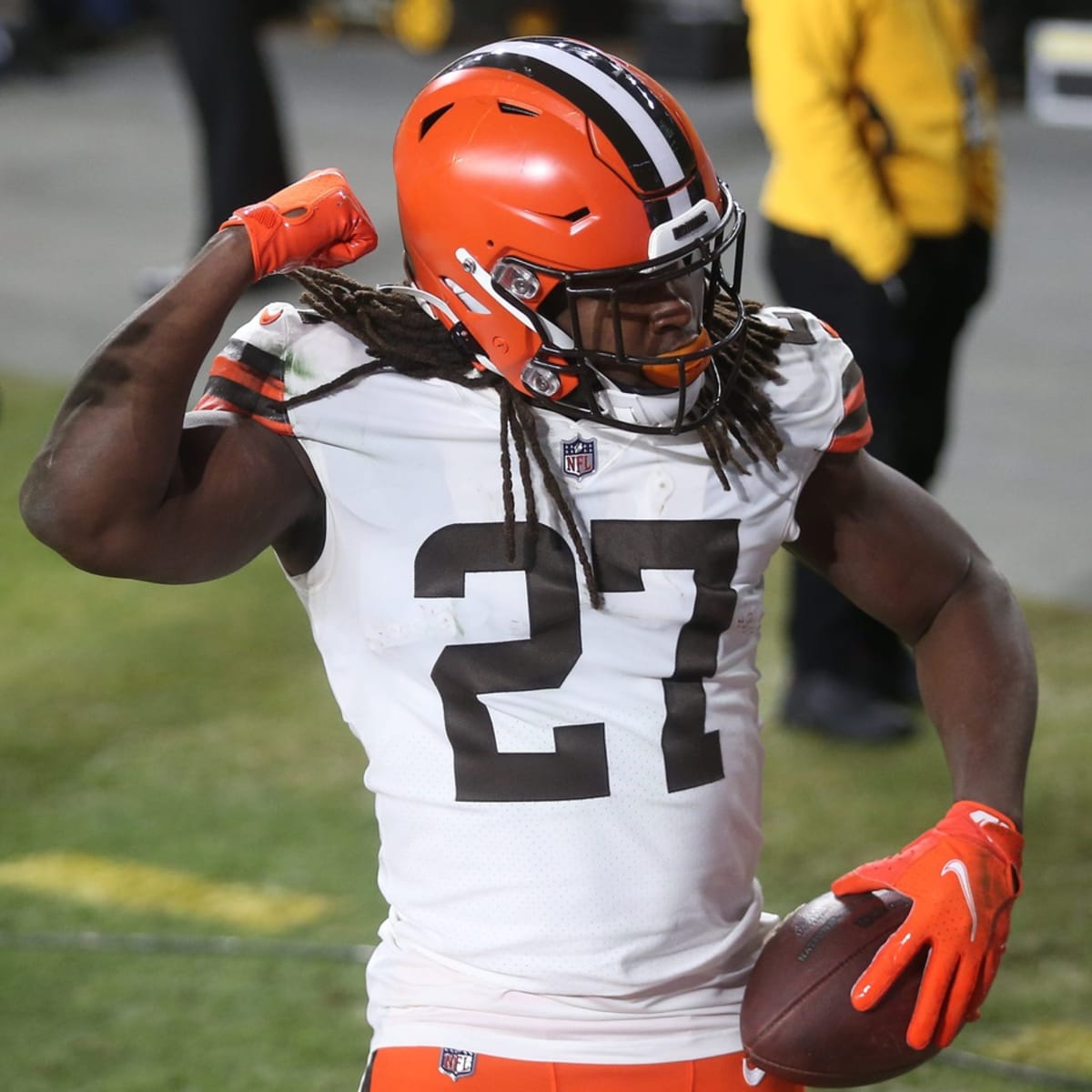 Cleveland Browns running back Kareem Hunt celebrates after scoring against  the Carolina Panthers during the first half of an NFL football game on  Sunday, Sept. 11, 2022, in Charlotte, N.C. (AP Photo/Rusty