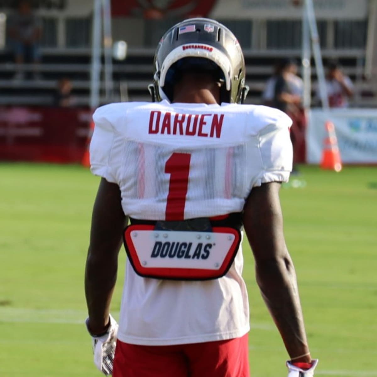 Tampa Bay Buccaneers wide receiver Jaelon Darden (1) runs his route during  an NFL football game against the Miami Dolphins, Saturday, Aug. 13, 2022 in  Tampa, Fla. The Dolphins defeat the Buccaneers