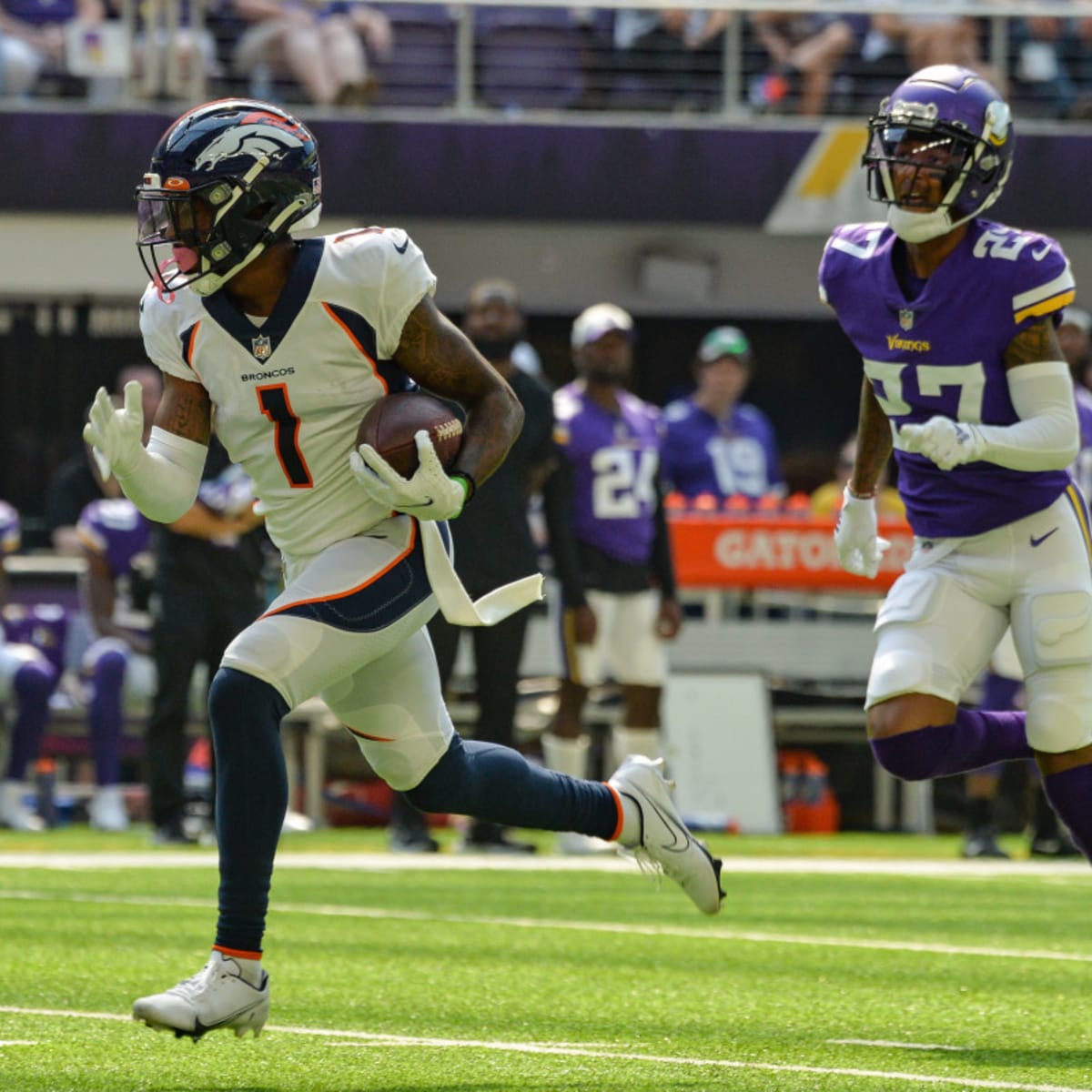 Denver Broncos defensive back Patrick Surtain II flashes his speed on INT  in coverage vs. Minnesota Vikings wide receiver Justin Jefferson