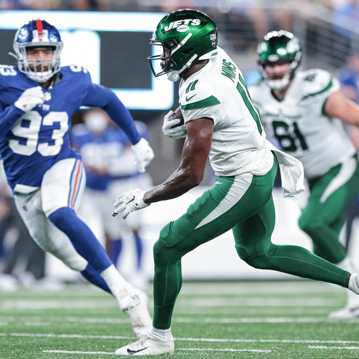 New York Jets wide receiver Denzel Mims (11) stands at the line of scrimmage  during the second half of an NFL football game against the Buffalo Bills in  East Rutherford, N.J., on