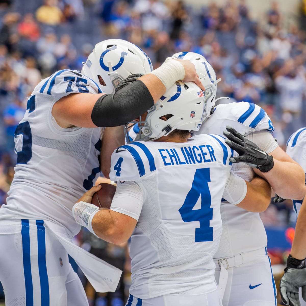 INDIANAPOLIS, IN - OCTOBER 17: Indianapolis Colts Quarterback Sam Ehlinger  (4) warms up prior to an NFL game between the Houston Texans and the  Indianapolis Colts on October 17, 2021 at Lucas