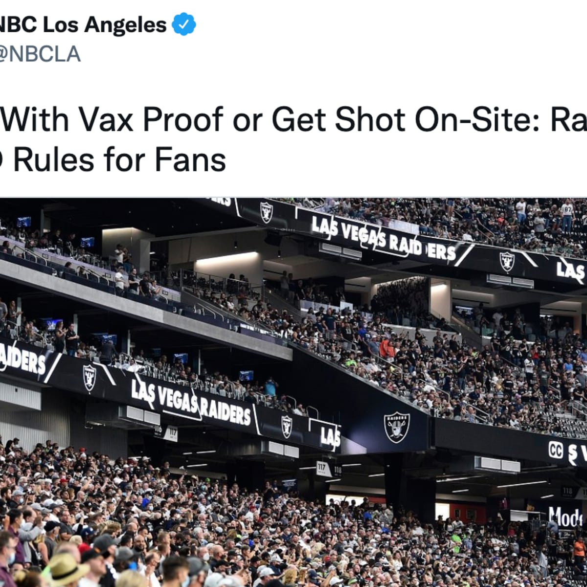 Las Vegas Raiders to Require COVID Vaccines for Fans at Home Games – NBC 7  San Diego