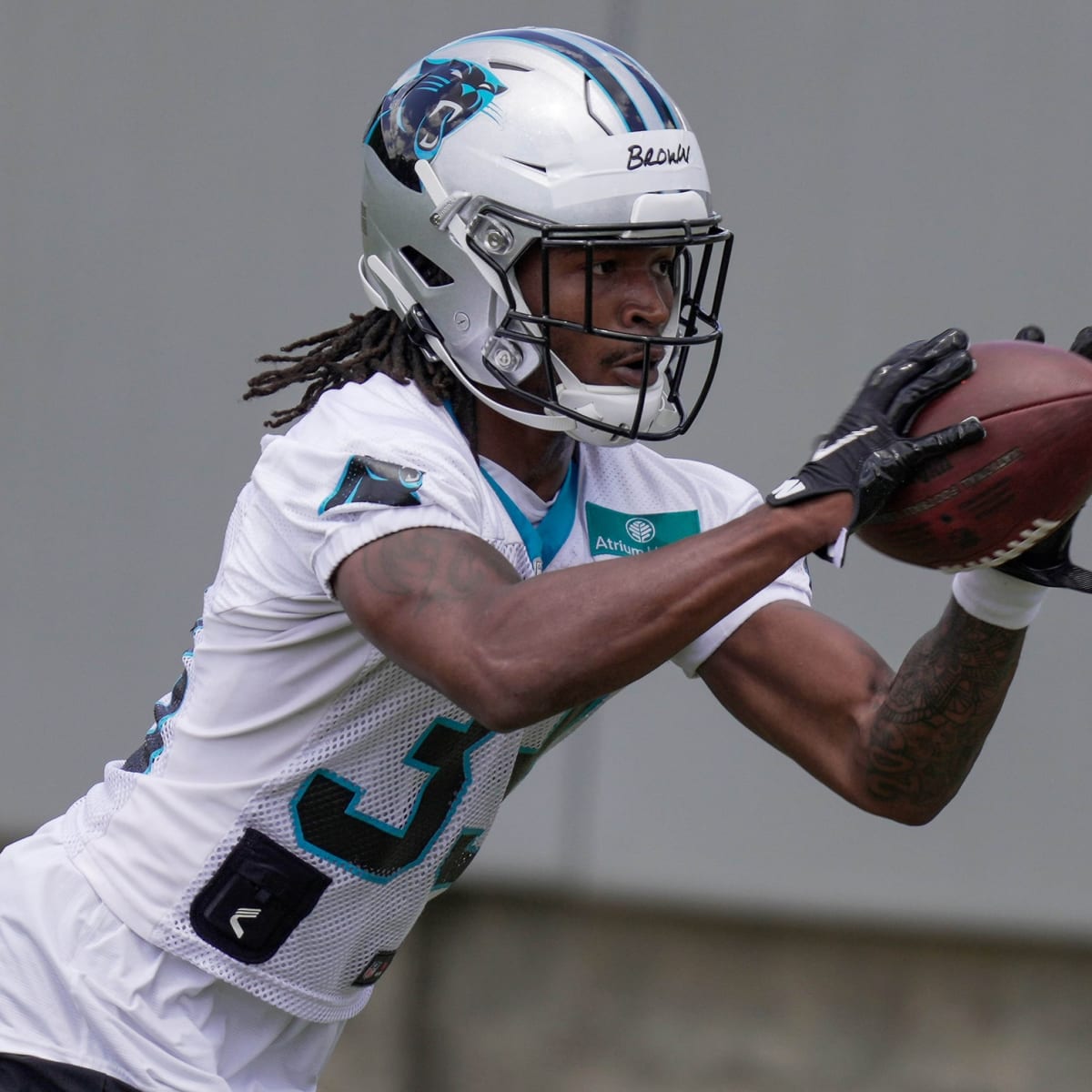 Carolina Panthers running back Spencer Brown (41) warms up before an NFL  pre-season football game against the New York Giants on Friday, Aug. 18,  2023, in East Rutherford, N.J. (AP Photo/Rusty Jones