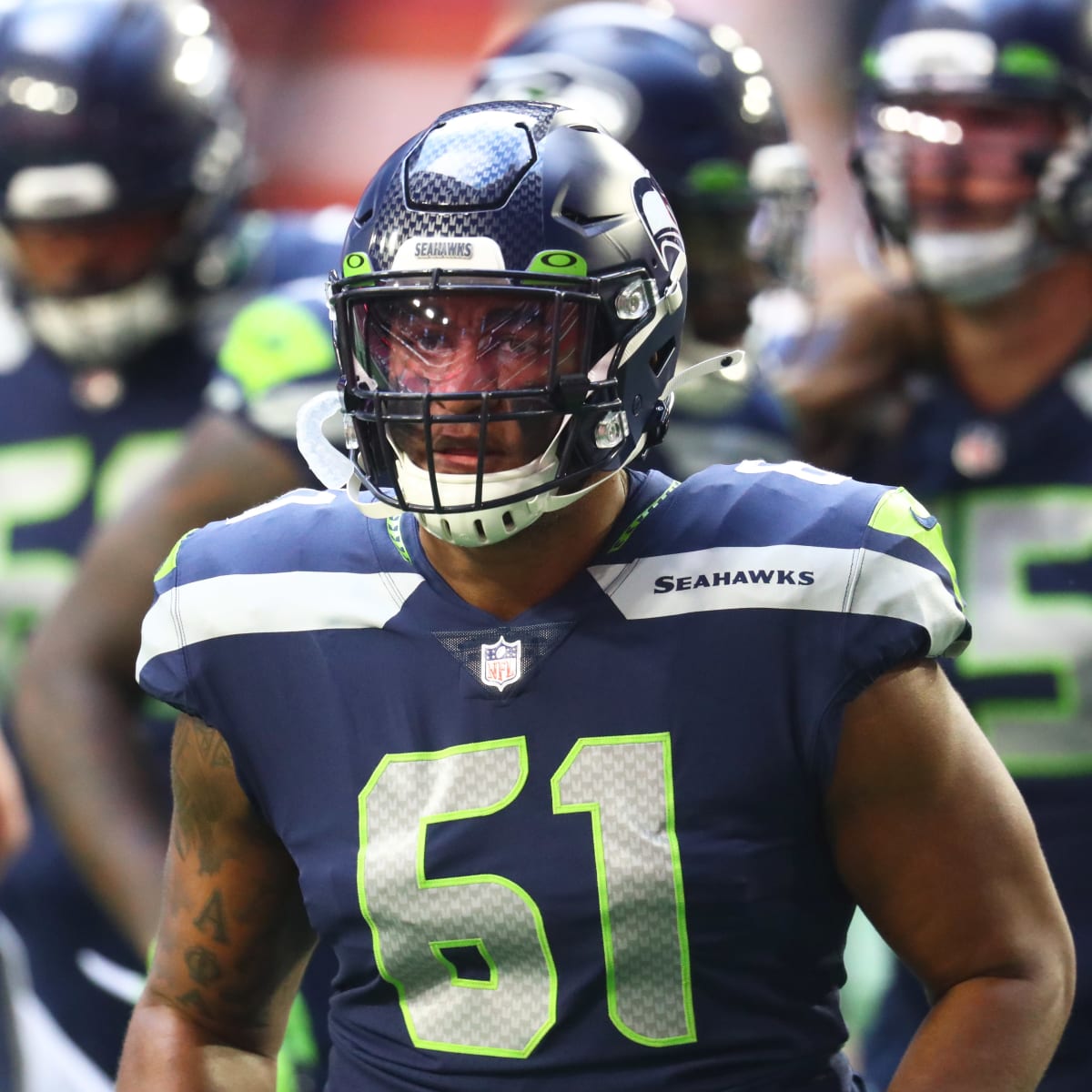 Seattle Seahawks center Kyle Fuller (61) walks off the field during an NFL  football game against the Carolina Panthers, Sunday, Dec. 11, 2022, in  Seattle, WA. The Panthers defeated the Seahawks 30-24. (