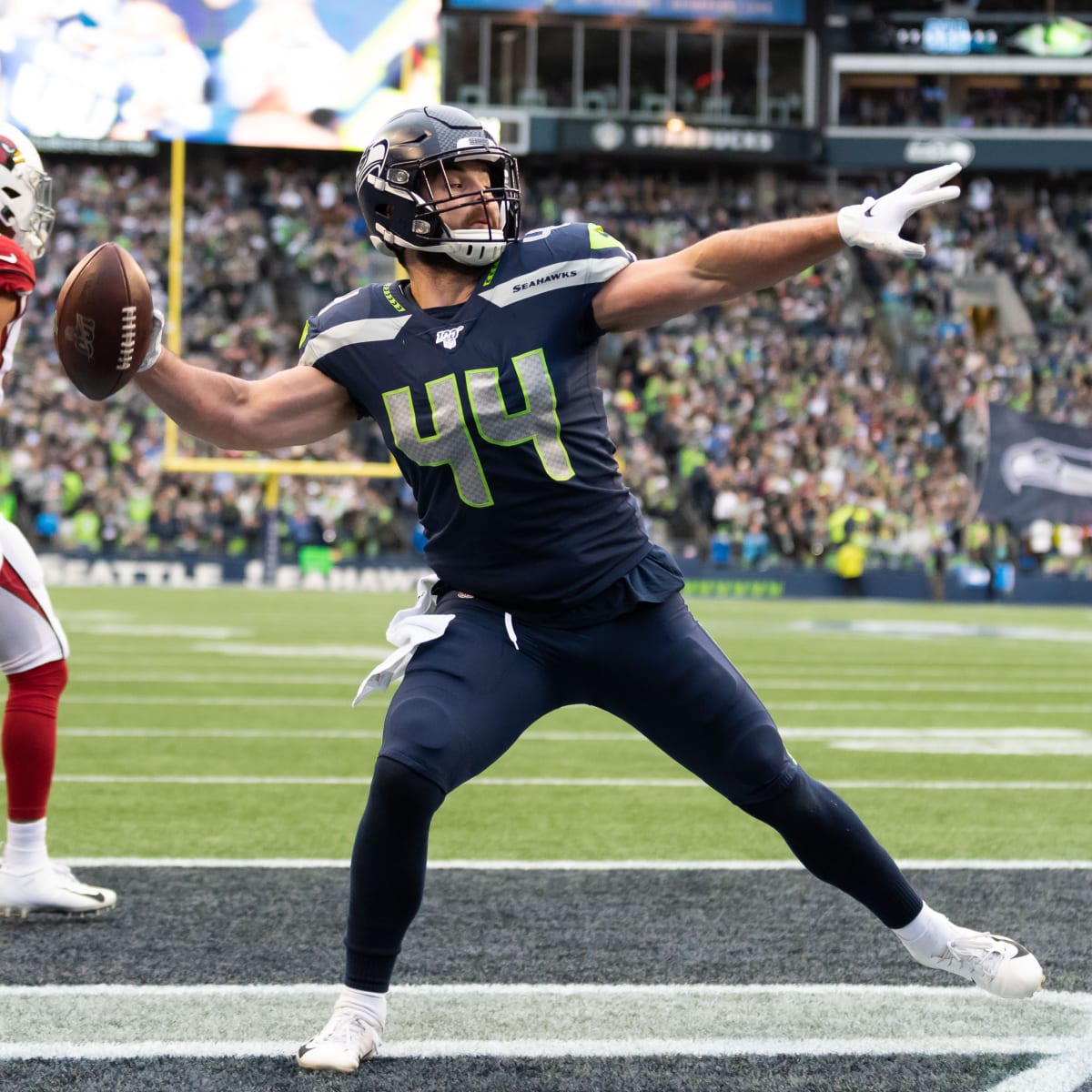 Seattle Seahawks linebacker Nick Bellore (44) in action during an NFL  football game against the Tampa Bay Buccaneers at Allianz Arena in Munich,  Germany, Sunday, Nov. 13, 2022. The Tampa Bay Buccaneers