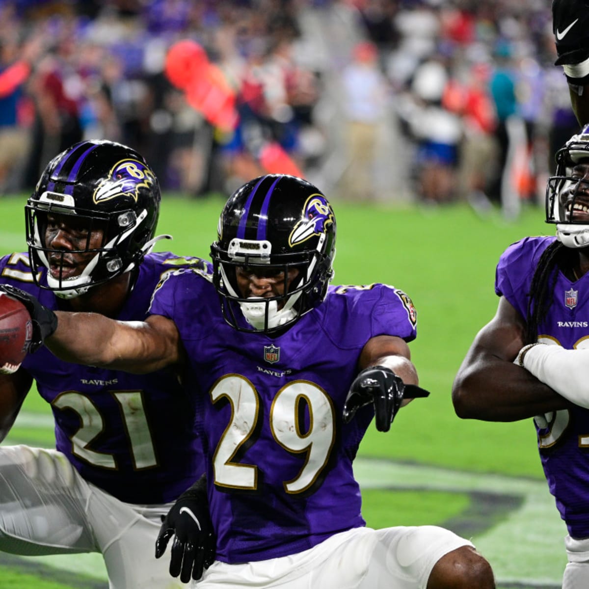 Baltimore Ravens cornerback Brandon Stephens (21) reacts to a