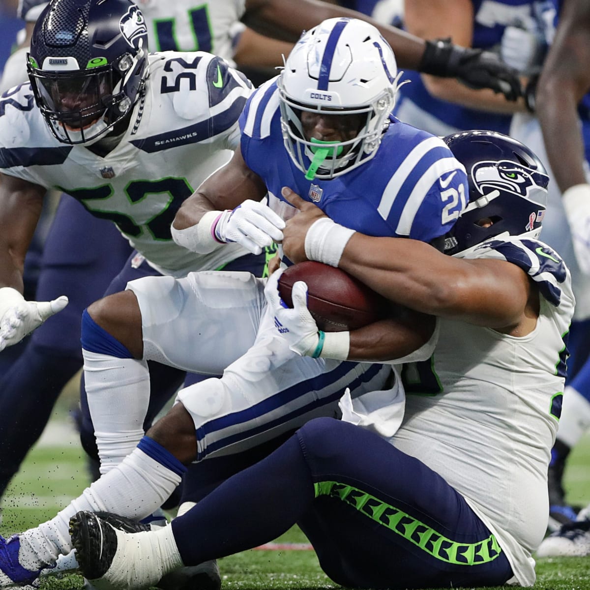 September 12, 2021: Seattle Seahawks wide receiver Tyler Lockett (16) runs  with the ball for a touchdown during NFL football game action between the  Seattle Seahawks and the Indianapolis Colts at Lucas